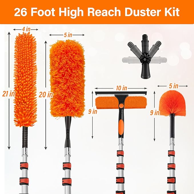 26FT High Reach Duster Cleaning Kit with 20FT Pole | 4-in-1 Tool Set with Universal Swivel Joint | High Ceiling Fan Cleaner, Microfiber Duster, & Window Squeegee for Safe High-Reach Cleaning