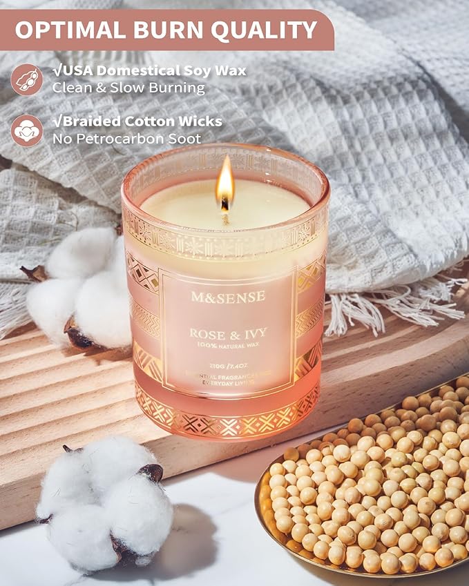 M&SENSE Rose Ivy Soy Candle, Natural 7.4oz 45 Hours Slow Burning, Luxury Aromatherapy Candle for Stress Relief Home Decor, Winter Housewarming New Year Gifts for Her