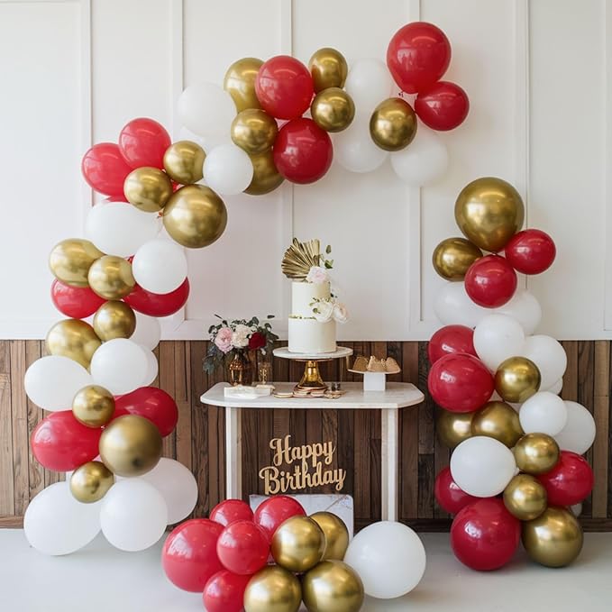 Red and Gold Balloons, 12 Inch Burgundy Gold Balloons, Maroon Balloons, Metallic Gold Dark Red White Latex Balloons Helium Support for Wedding Anniversary Engagement Birthday Party Decorations