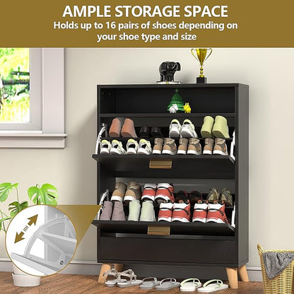 Shoe Storage Cabinets, 16 Pairs Free Standing Shoe Organizer with 2 Flip Drawers for Entryway, Narrow 3 Tier Entryway Hidden Shoe Rack with Doors (Dark Black)