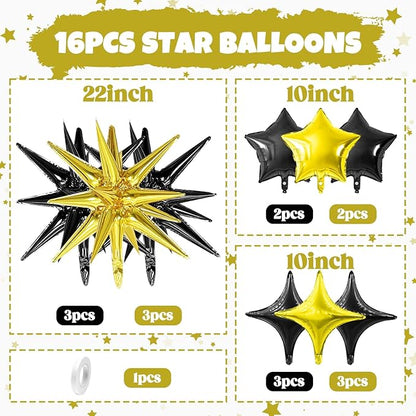 Black Gold Star Balloon,16Pcs Star Foil Balloons Set with 22Inch Explosion Spike Cone Balloons and 10Inch Quadrangle Helium Balloon for Birthday Wedding Baby Shower Party Decorations