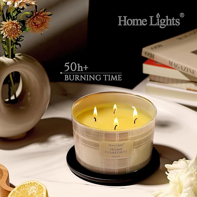 HomeLights Home Comforts Scented Candles | 18oz Soy Candles Rustic Modern 4-Wick Large Candle Jars | Ideal Candle Gifts for Events, Home Decor Stress, Relief & Relaxation