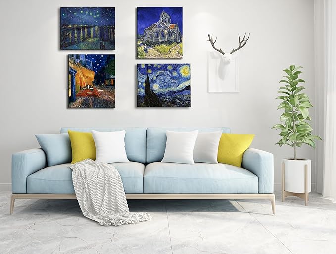 Vincent Van Gogh Canvas Wall Art - Starry Night Over The Rhone - Cafe Terrace At Night Paintings, Classic Artwork Pictures Poster Prints for Bathroom Living Room Office Decor