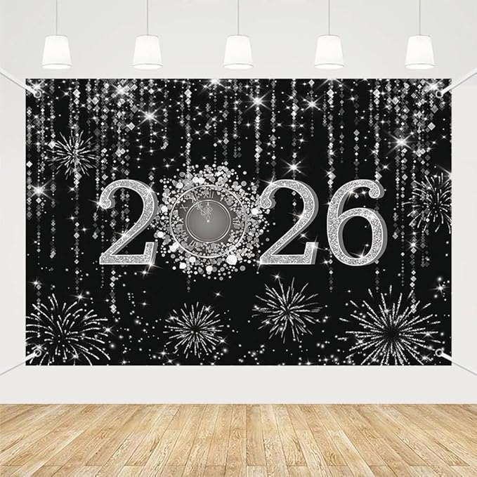 MEHOFOND 8x6ft Black and Silver 2026 New Year Backdrop Cheers to 2026 Photography Background Hello 2026 Fireworks Dripping Glitter Dots Clock Decor Time to 2026 New Year Eve Cake Smash Photo Props