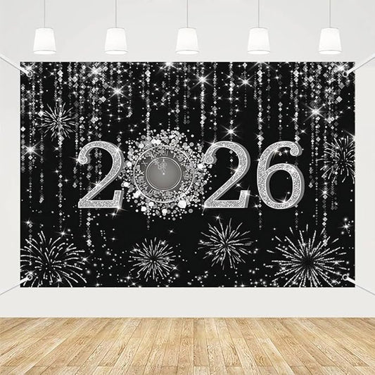 MEHOFOND 8x6ft Black and Silver 2026 New Year Backdrop Cheers to 2026 Photography Background Hello 2026 Fireworks Dripping Glitter Dots Clock Decor Time to 2026 New Year Eve Cake Smash Photo Props