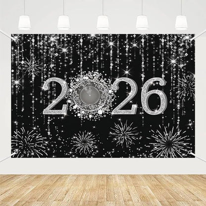 MEHOFOND 7x5ft Black and Silver 2026 New Year Backdrop Cheers to 2026 Photography Background Hello 2026Fireworks Dripping Glitter Dots Clock Decor Time to 2026 New Year Eve Cake Smash Photo Props