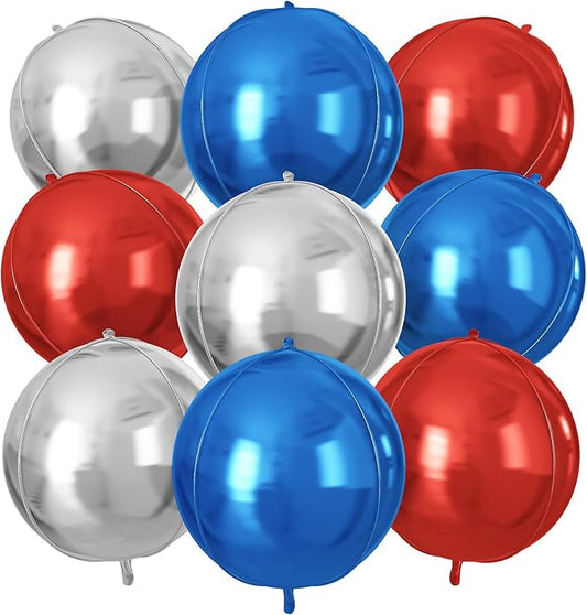 Red Blue Silver Round Foil Balloons 9 pcs,Metallic Giant 4D Round Balloons 22 Inch for Birthday Baby Shower Kids Boys Party Decorations