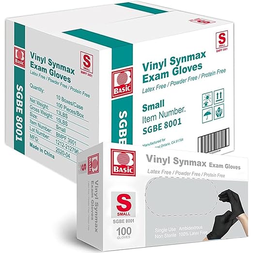 Jointown Disposable Medical Synmax Vinyl Exam Gloves- 4 mil Safty Glove 1000pcs - Latex-Free & Powder-Free - SGBE 8001, Small (Case of 1000, Black)