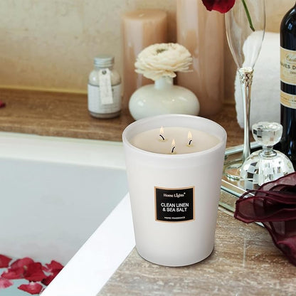 HomeLights Scented Candles - Large Jar Aromatherapy, Natural Soy Wax, 130 Hour Long Burning, Clean Linen & Sea Salt