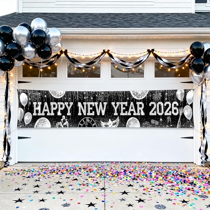 New Years Eve Banner for 2026, Silver and Black Happy New Year 2026 Backdrop Great New Year Decorations for Outdoor Indoor Home Wall 118x19.69inch