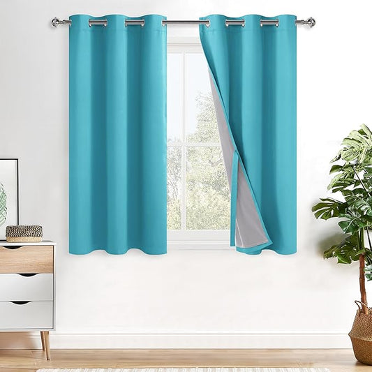 XWZO Total Blackout Curtains 2 Panels with Tiebacks- Double Layers Heat and Full Light Blocking Window Panels with Grommets for Short Kitchen Windows, Turquoise, W38 x L54, Set of 2