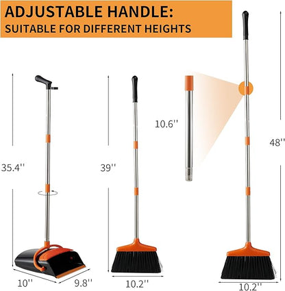 Broom and Dustpan Set Lightweight Upright Lobby Broom and Dust Pan Combo with Long Handle Outdoor Indoor for Home Kitchen Room Office (Orange and Black)
