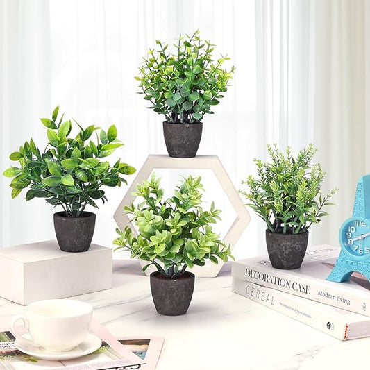 4 Pack Fake Plants Ceramic Mini Artificial Greenery Potted Plants for Home, Office, Room, Farmhouse, Indoor Table, Bathroom Decor