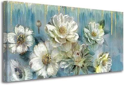 Ardemy Floral Canvas Wall Art for Living Room Large Magnolia White Flowers Teal Pictures Wall Decor Textured Painting ModernTurquoise Artwork Bathroom Bedroom Dining Room Home Office, 40"x20"