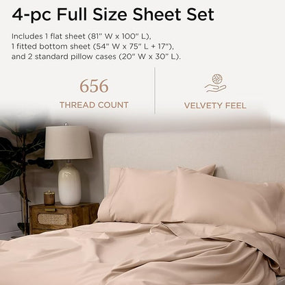 Threadmill Luxury Full Size Sheets | 656 Thread Count Certified Supima Cotton Sheets for Full Size Mattress | 5-Star Hotel Quality 4 Piece Bed Sheets with Extra Deep Pocket |Beige Sheets