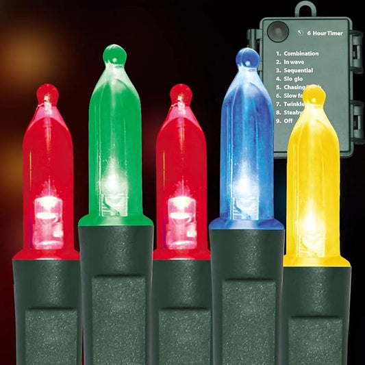 100LED Mini Lights,Green Wire,Waterproof Battery Case,Multi Functions,Timer,Multi（2 Sets - Each 50 Count LED）