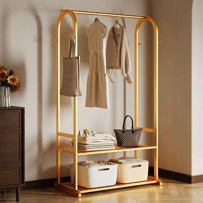 heavy duty clothes rack,gold clothing rack with bottom shelves and 6 side hooks,Metal garment rack for hanging clothes for Bedroom