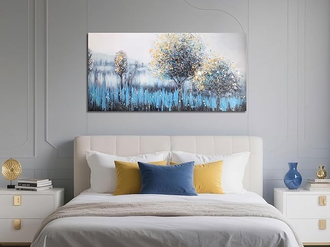 Arjun Tree Wall Art Canvas Teal Landscape Painting Blue Forest Textured Picture Modern Panoramic Abstract Nature Artwork Large Size Framed for Living Room Bedroom Bathroom Home Office Wall Decor