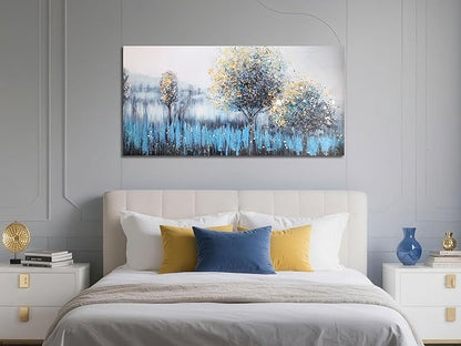 Arjun Tree Wall Art Canvas Teal Landscape Painting Blue Forest Textured Picture Modern Panoramic Abstract Nature Artwork Large Size Framed for Living Room Bedroom Bathroom Home Office Wall Decor