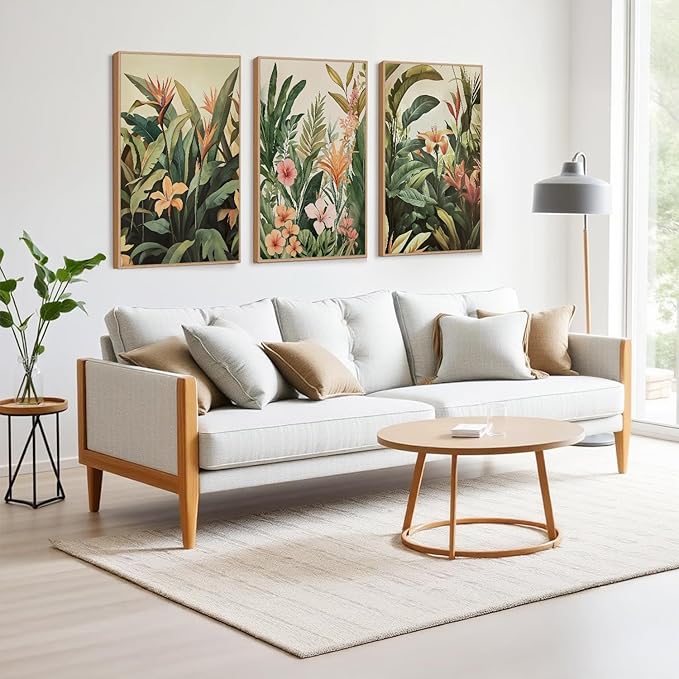 HLNIUC Boho Tropical Leaves Framed Canvas Wall Art,Abstract Flower Wall Decor Set of 3(24”x36”)Modern Green Plant Banana Leaf Art Print,Tropical Botanical Jungle Painting for Living Room Bedroom Office