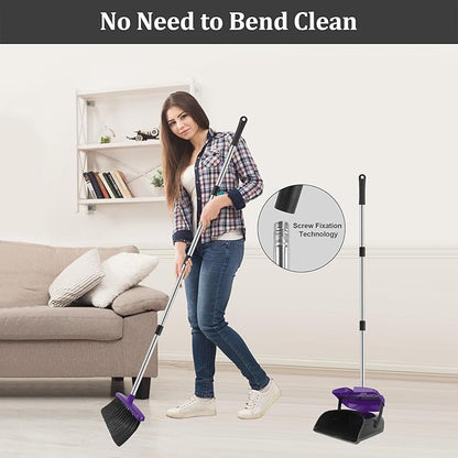 Broom and Dustpan Set, 51" Long Handle Broom with Dustpan Combo Set, Windproof and Self-Cleaning Teeth, Purple Household Dust Pan Set Sweep Kitchen Office Lobby Pet Room