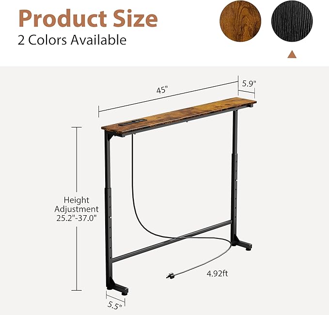 GRLEAF 45" Adjustable Height Narrow Console Table with Power Outlets, Long Sofa Table with Charging Station Behind Couch Table Skinny Entryway Table for Living Room, Hallway and Office – Rustic Brown
