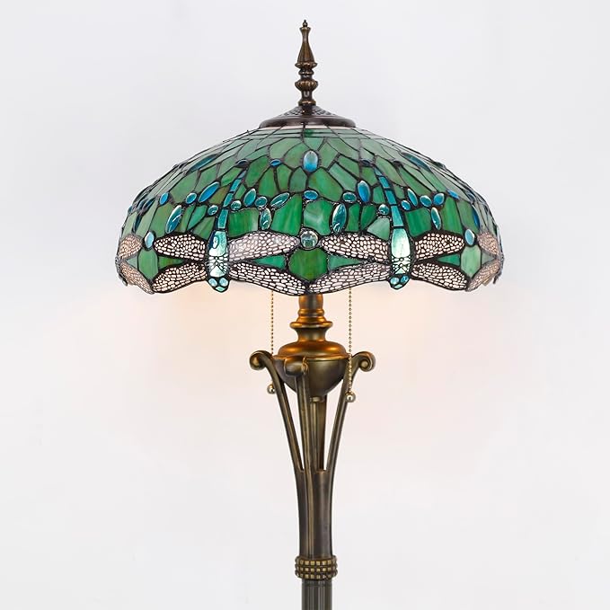 Tiffany Floor Lamp Green Stained Glass Dragonfly Standing Reading Light 16X16X70 Inches Antique Pole Corner Lamp Decor Bedroom Office Living Room