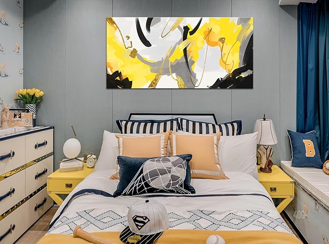 weiyiart Abstract Yellow and Black Canvas Wall Art Bold Modern Print Painting Fluid Picture Artwork for Contemporary Living Room Bedroom Office Decoration 24"x48"