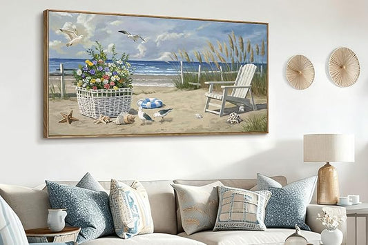 ARTZON Sea Landscape Wall Art – Large Framed Seaside Seashell Starfish Flower Basket Beach Scene Canvas Painting Horizontal Prints Picture for Dorm, Hallway, 48x24 Inch