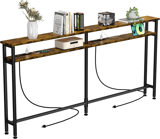 70 Inch Double-Layer Narrow Console Sofa Table with 2 Power Outlets&4 AC Plugs&4 USB Ports, 4.9' Extension Cord Included, Behind Couch Table for Living Room/office Easy Assembly - Rustic Brown