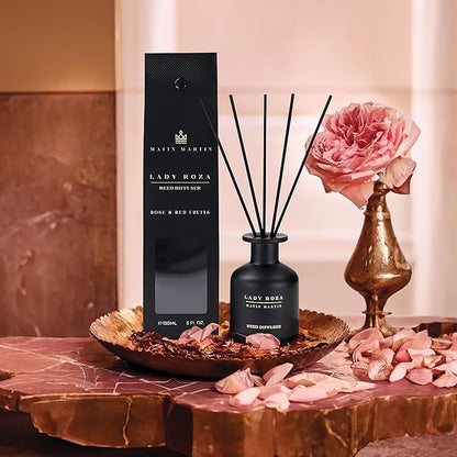 Lady Roza Reed Diffuser 5 oz - Luxury Aromatherapy with Rose & Red Fruits - Home Decor Gift for Bedroom, Office, Living Room, Bathroom - Long Lasting Scent with Premium Fragrance Sticks