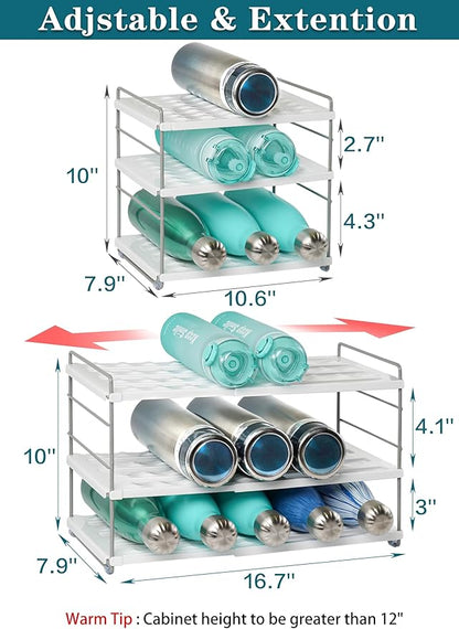 Water Bottle Organizer For Cabinet, Expandable Water Bottle Holder Rack, Adjustable Tumbler Storage For Kitchen Organization, 3 Tier Cup Organizer For Sports Flask Insulated Travel Mug Fridge, White