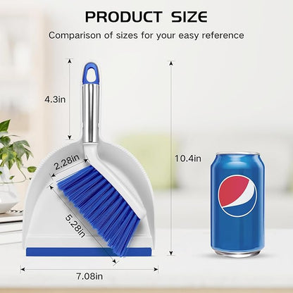 NACENA Mini Broom and Dustpan Set, Small Dust Pan and Brush Set with Handle Dustpan Teeth for Cleaning Hair Suitable for Office Desks Drawers Sofas Outdoor Camping, Blue