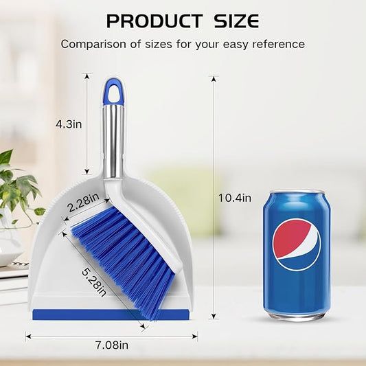 NACENA Mini Broom and Dustpan Set, Small Dust Pan and Brush Set with Handle Dustpan Teeth for Cleaning Hair Suitable for Office Desks Drawers Sofas Outdoor Camping, Blue