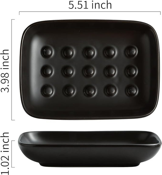 Soap Dish, Ceramic Soap Holder Shower Soap Dish for Bar Soap Sponge, Soap Saver Tray for Bathroom Kitchen Sink, Black