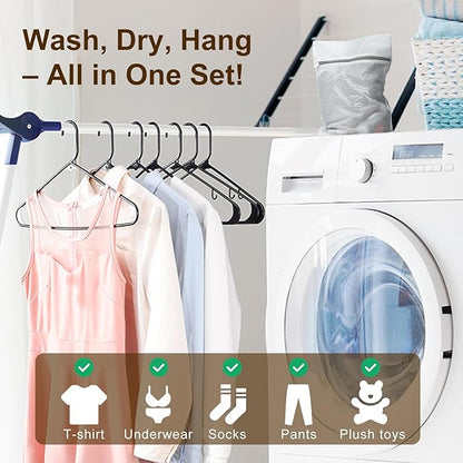 HOUSE DAY Black Plastic Hangers 60 Pack & Medium Mesh Laundry Bags 3 Pack - Space-Saving & Non-Slip Clothes Hangers with Hooks + Delicates Wash Bags Pefect for Closet Storage and Organization