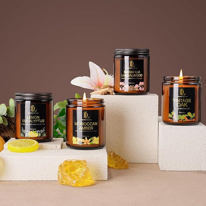 Valentine's Day Candles Gifts for Women Men, Scented Candle Set, Holiday Candle Gifts, 4Pack 28oz Soy Candles, Scents of Lemon Eucalyptus/Moroccan Amber/Magnolia & Sandalwood/Vintage Oak