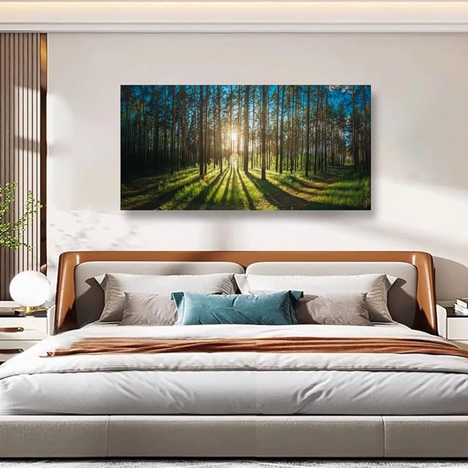 Sunrise Forest Pictures Canvas Wall Art for Living room Office Bedroom Wall Decor,Forest Wall Art Print Paintings Modern Green Nature Landscape Artwork Waterproof Ready to Hang-20x40inch