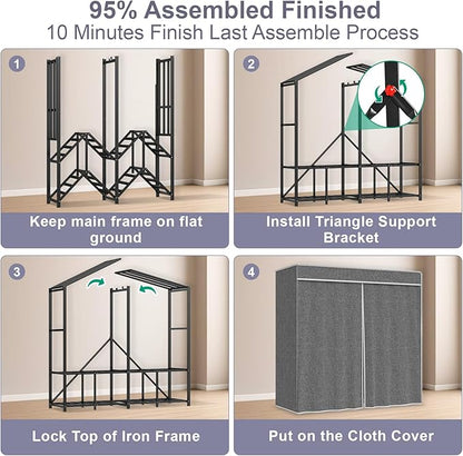 95% Assembeld Heavy Duty Clothes Rack, 66" L Premium Metal Strong Garment Rack with Cover, Portable Foldable Freestanding Clothes Racks for Hanging Clothes, Black