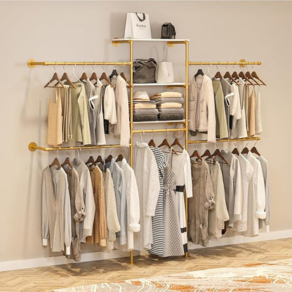 Heavy Duty Gold Pipe Clothing Rack - Wall Mounted Industrial Clothes Rack, DIY Corner Closet System with Shelves, Adjustable Walk-in Closet Organizer (GOLD, 94.5")