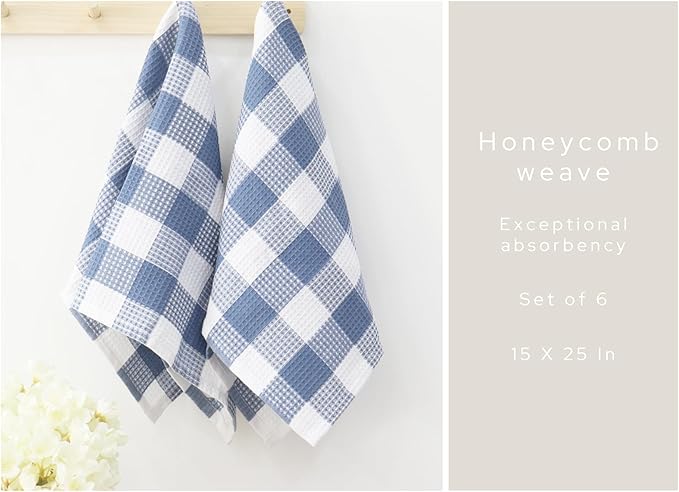 PurpleEssences 100% Cotton Waffle Weave Check Plaid Kitchen Towels, Super Soft and Absorbent Dish Towels for Drying Dishes 15 x 25-6 Pack - Fall Thanksgiving- Smoky Grey and White