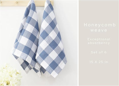 PurpleEssences 100% Cotton Waffle Weave Check Plaid Kitchen Towels, Super Soft and Absorbent Dish Towels for Drying Dishes 15 x 25-6 Pack - Fall Thanksgiving- Smoky Grey and White