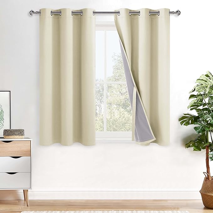 XWZO 100% Blackout Curtains 54 Inches Long with Tiebacks- Privacy Protection & Noise Blocking Window Draperies Grommet Top with Black Liner for Bedroom/Living Room, Beige, W38 x L54, Set of 2