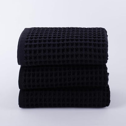 PÜSKÜL Organic Waffle Hand & Kitchen Towel 100% Turkish Cotton Set of 3 Black - Premium Quality, Soft, Quick-Dry, Absorbent, Lint-Free Waffle Weave Towels (3, Black)