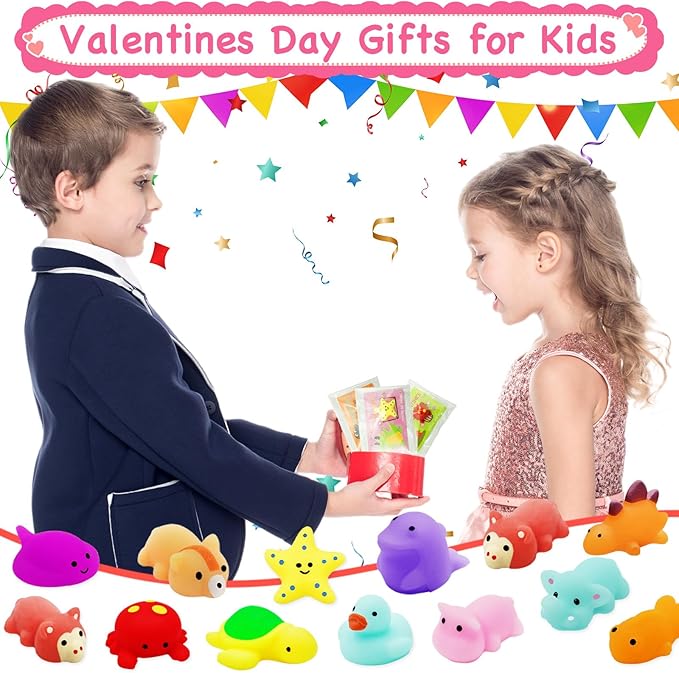 28 Packs Valentine Mochi Squishy Toys with Cards Animal Squishies for Kids Valentines Day Gift Exchange Boys and Girls Classroom Prizes Valentine Party Favors Supplies