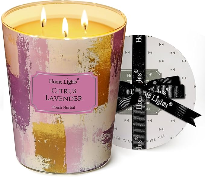 HomeLights Scented Candles | Large Jar 34 Oz Natural Soy Candle | 130 hrs Long-Lasting with 3 Wicks | Scandinavian Minimalist Home Decor | Gifts for Mom & Women, Citrus Lavender