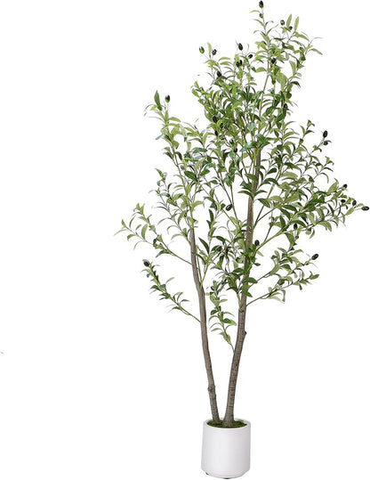 Artificial Olive Tree 5FT, Indoor Fake Silk Plant with Realistic Trunk, Leaves, Fruits and White Planter, Faux Potted Tree for Home Decor and Housewarming Gift, 1 Pack