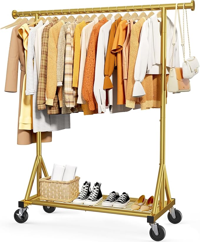 Stainless Steel Rolling Clothes Rack with Mesh Shelf, Lockable Wheels & Anti-Slip Stoppers, Stable Freestanding Clothing Organizer for Bedroom, Laundry Room, 42.5" x 16.5" x 65.9", Glod