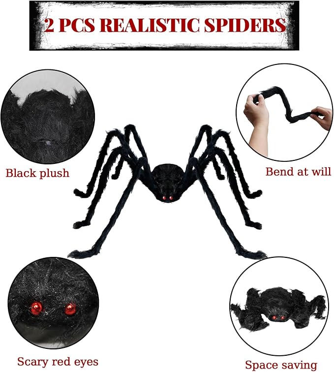 ZMCINER Halloween Spiders Large Outdoor Big Spider Decorations Realistic Scary Hairy Halloween Decor (2 Pack 59 Inch)