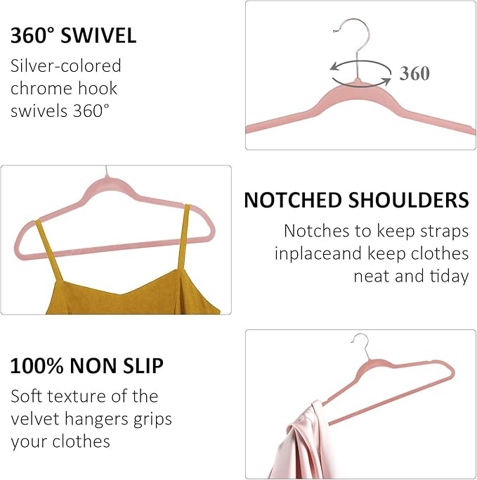 VECELO Premium Velvet Clothes Hangers Suit Heavy Duty (60 Pack)-Non Slip & Space-Saving with 8 Finger Clips & Tie Rack Excellent for Men and Women,Light Pink